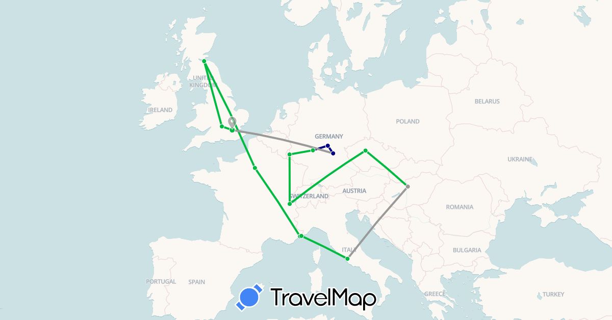 TravelMap itinerary: driving, bus, plane in Switzerland, Czech Republic, Germany, France, United Kingdom, Hungary, Italy, Luxembourg, Monaco (Europe)